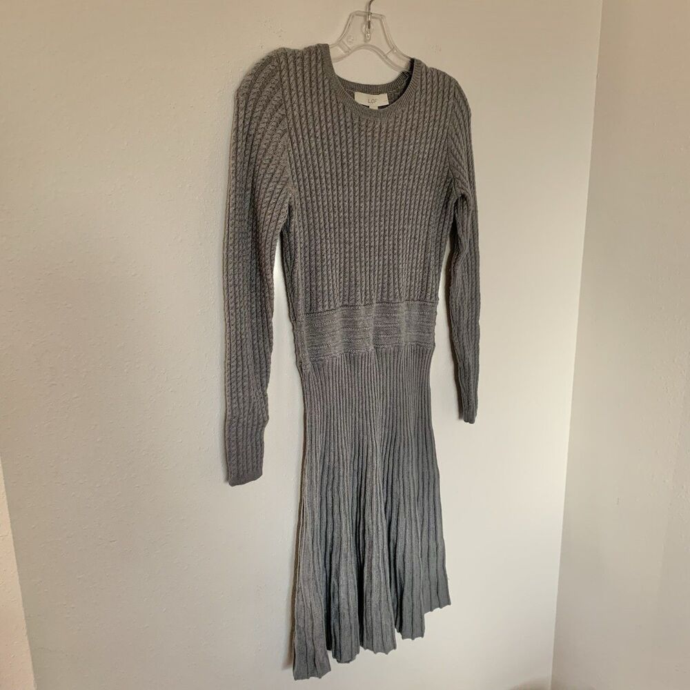 Loft Womens Gray Sweater Dress Fit & Flare Wool Blend Defined Waist Small Petite - Picture 2 of 7